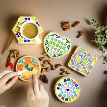 Wooden Round Coasters, Mosaic Coasters - Round & Square Coasters, Handmade Mosaic Crafts DIY Set, Affordable DIY Woodworking Gifts, Homemade Father's Day Gift,Crafts,Craft Kits,Crafts For Kids,Craft Supplies>Diy Crafts,Diy Sets,Craft Kit Wooden