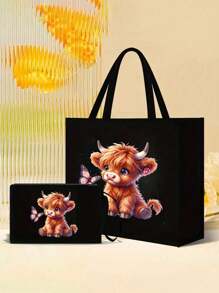 这款黑色亚麻手提袋饰有高地奶牛图案，包含一个黑色可爱卡通奶牛（大眼睛）和蝴蝶图案手提袋、一个小型零钱包/收纳袋、一个储物袋、高低奶牛图案、蝴蝶结，是母亲节礼物、个性化礼品袋的理想之选。黑色手提袋搭配黑色按扣，大小包组合，适合送给女性、母亲、教师、朋友、伴娘、学生以及返校季。