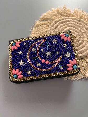 全新复古手工串珠手风琴夹钱包迷你拉链女式小钱包 248005-十月月亮迷你钱包钱包钱夹钱包卡包