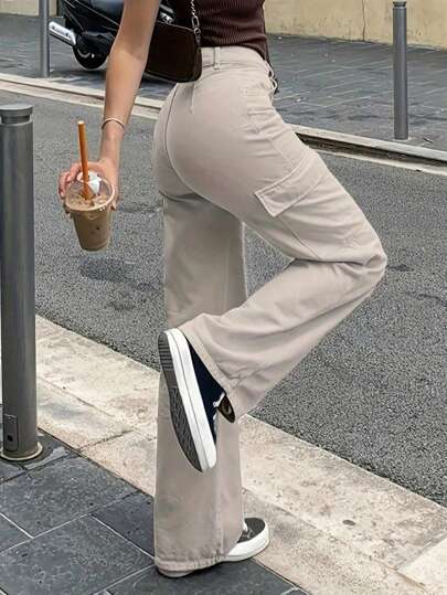 女士纯色工装口袋直筒宽松休闲裤，春夏款