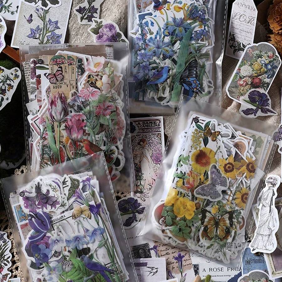 200 piezas/bolsa Pegatinas para scrapbooking con estilo de plantas retro, papel decorativo DIY - Una pieza al azar - Ver 1