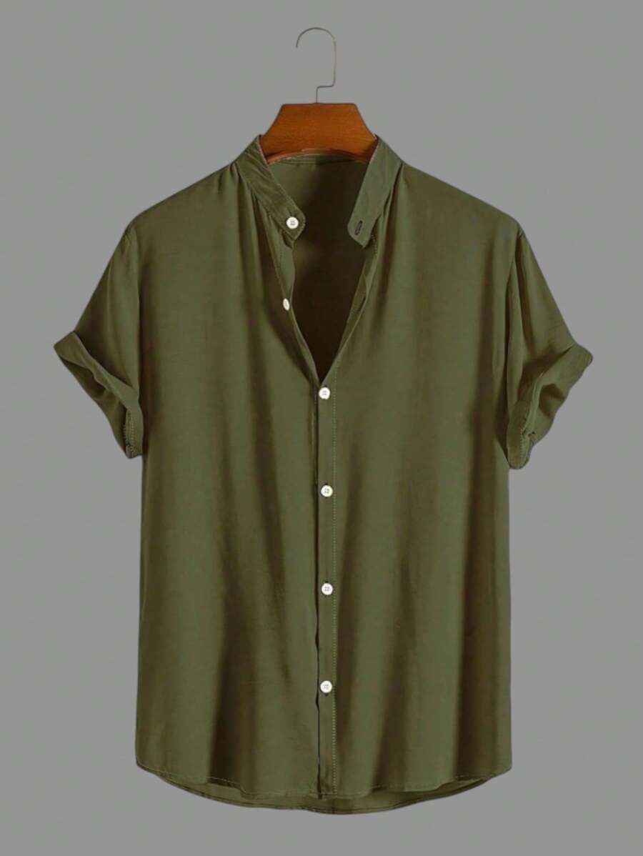 Men's Short Sleeve Viscose Dress Shirt Padre Collar - 軍綠色 - 查看 1