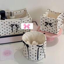 1pc Polka Dot Square/Round Desktop Storage Basket, Home Decor Table Organizer - White - View 2