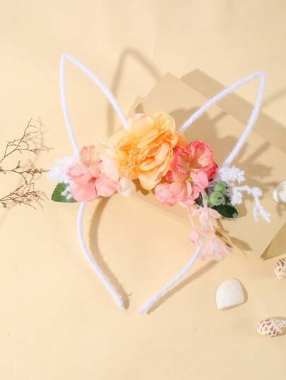 复活节系列清新甜美白色水晶丝绒蕾丝大花兔耳发箍 1 件装，派对、旅行和拍照热门单品