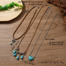 3pcs Retro Faux Turquoise Necklace Set, Bohemian Style Beaded Necklaces With Cactus, Heart And Boot Charms, Suitable For Daily Wear - Multicolor - View 13