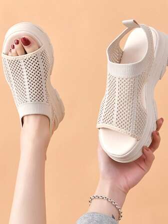 全新时尚针织透气坡跟女式运动凉鞋