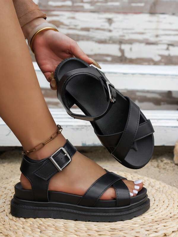 Stylish Casual Women's Round Toe Thick-Soled Comfortable Wide Simple Criss-Cross Strap Metal Buckle Design Personalized Street Chic Moto Chunky Sandals Suitable For Daily Wear, Work, Campus, Music Festival, Beach Party, Dating, Vacation
