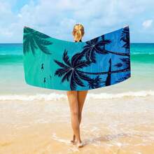 1 件超轻快干超细纤维沙滩巾，带椰子树设计 - 防沙、吸水、便携，适合运动和旅行
