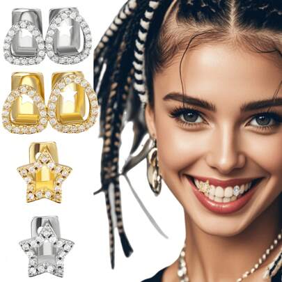 1 件钻石镶嵌单齿牙套，新款嘻哈风格铜空心心形和五角星锆石牙齿首饰，酷炫礼物