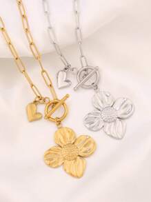 1 件装不锈钢花朵吊坠项链 女士时尚心形吊饰链式项链 珠宝礼物