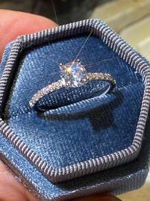 Gift Box Set - Minimalist & Elegant Cubic Zirconia Ring, Copper White Gold Plated, Suitable For Women Engagement, Wedding, Holiday Gift