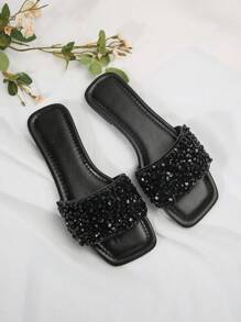 Sandales plates avec ornements en cristal, style coréen. Nouvelles sandales d'été élégantes pour femmes, à porter à l'extérieur, avec strass et design ouvert sur le bout - Noir - Voir 4