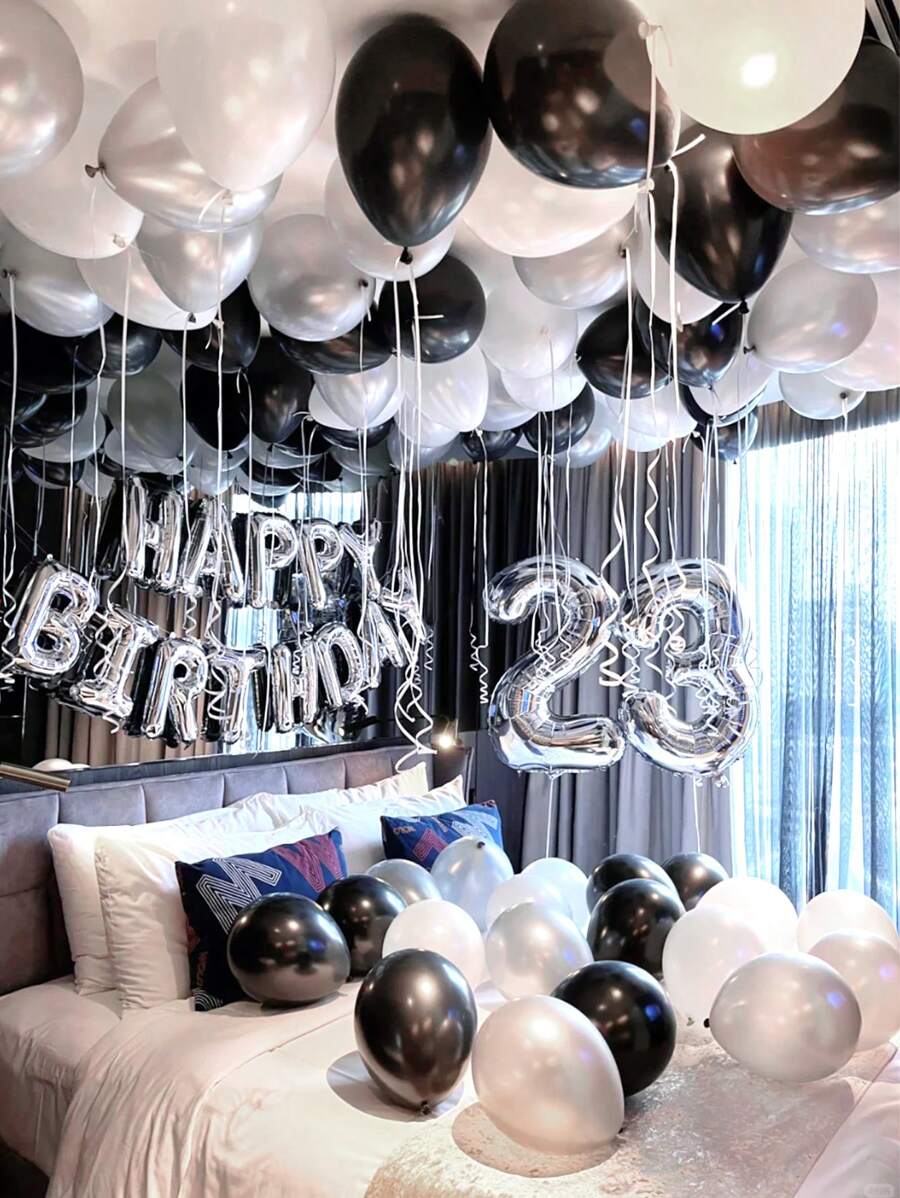 31 件 16 英寸银色生日快乐字母铝箔气球和黑色、银色、白色乳胶气球套装，生日快乐铝箔气球派对装饰，