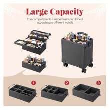 HUIQIN Leather Makeup Train Case Rolling Cosmetic Case Lockable Travel Case Beauty Trolley With 4 Wheels, Portable Bag, Ideal Gift For Girls, Womens,Professional Artists Black - Multicolor - View 2