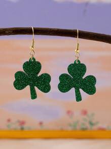 1 对简约圣帕特里克节绿色三叶草耳环，时尚耳环配饰女士礼物 - 綠色 - 查看 7