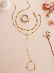 3er Set Goldene Ringe zum Stapeln mit Fingerarmband für Frauen, 14 Karat vergoldete Ringe, massive stapelbare Ringe mit kubischen Zirkoniasteinen, Goldperlen mit Fingerarmband Set, Geburtstagsgeschenk, Party Deko, modischer Schmuck Geschenkartikel