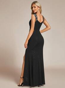 EVERPRETTY 春季女士优雅亮片露肩V领交叉褶皱高腰长款高开衩舞会礼服黑色正式礼服婚礼宾客舞会返校约会之夜正式晚宴生日派对节日派对家庭聚会新年情人节 - 黑色 - 查看 3