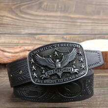 3.7cm Wide Western Style Eagle Star Pattern Cowboy Belt Buckle, Smooth Buckle Design With Punched Round Holes, Suitable For Men And Women - Multicolor - View 18