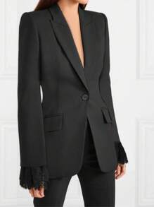 时尚优雅黑色纯色蕾丝拼接西装外套 - 黑色 - 查看 4