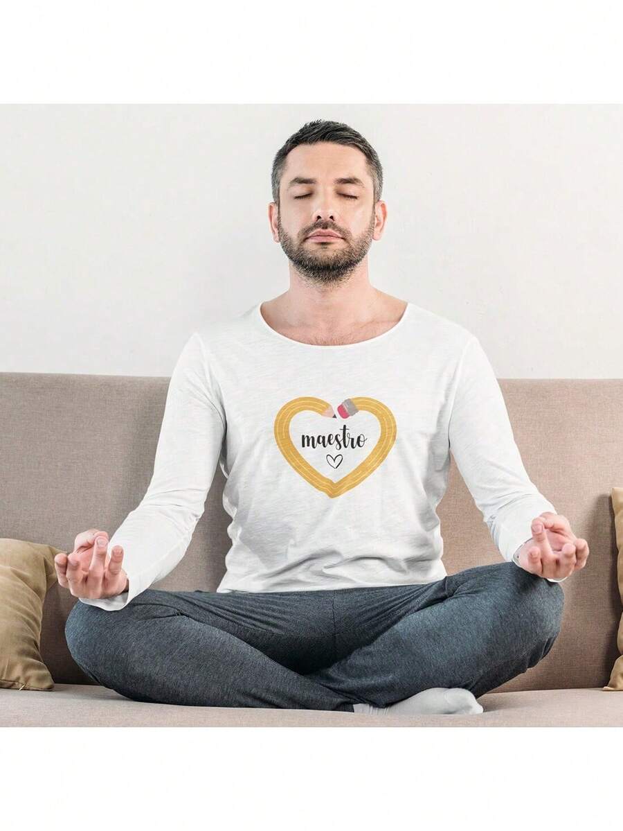 Playera Manga Larga de Moda para Hombre 1 Pza Estampado Maestro Lapíz Corazón | Día del Maestro | Playera 100% Algodón - Blanco - Ver 1