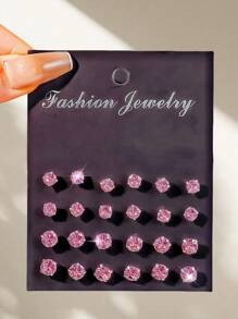 12 Pairs European & American Shiny High-Grade Pink Faux-Rhinestone Fashion Mini Delicate Stud Earring Set - Crystal - View 3