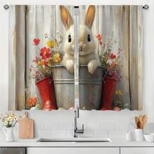 2 Panel 28"X40" Easter Bunny Semi-Sheer Curtains, Woven Polyester Valance With Tulip And Easter Egg Design, Durable Hanging Ornaments For Bedroom & Living Spaces