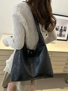 New Versatile Solid Color PU Leather Crossbody Bag, Casual Minimalist Baguette Tote - Black - View 3
