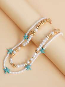 2 件波西米亚风绿松石和贝壳吊坠项链套装，双层串珠锁骨链，适合海滩、派对和日常佩戴，完美的礼物选择