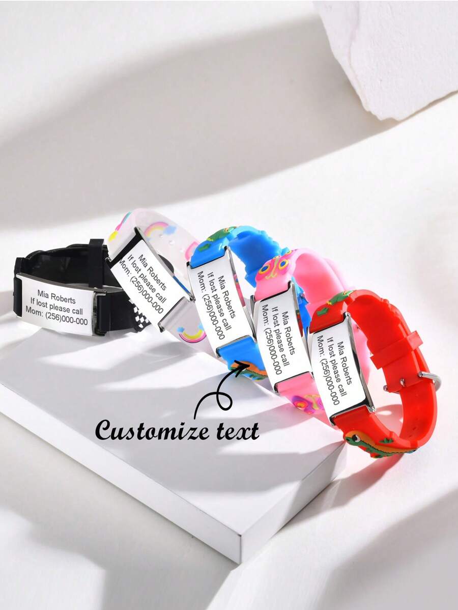1 pieza Brazalete/Pulsera de acero inoxidable con silicona con patrón lindo grabado con láser con nombre personalizado, longitud de 13-16.5cm, Identificación médica roja, nombre personalizado, adecuado para uso diario, regalo de regreso a la escuela, rojo/azul/rosa - estilo - Ver 1