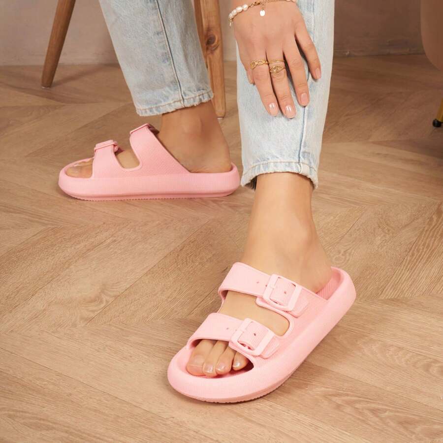 Slide Sandals With Double Buckle Straps And Chunky Sole For Casual Wear - Pink - View 1