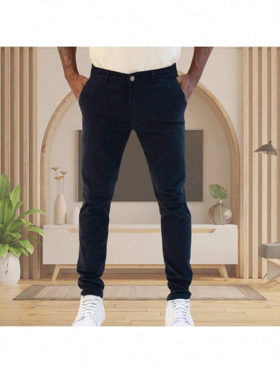 Men's Old Money Slim Fit Twill Sport Knife Pocket Pants With Premium Elastane Elegant Tailored Social Casual Trousers - 黑色 - 查看 1