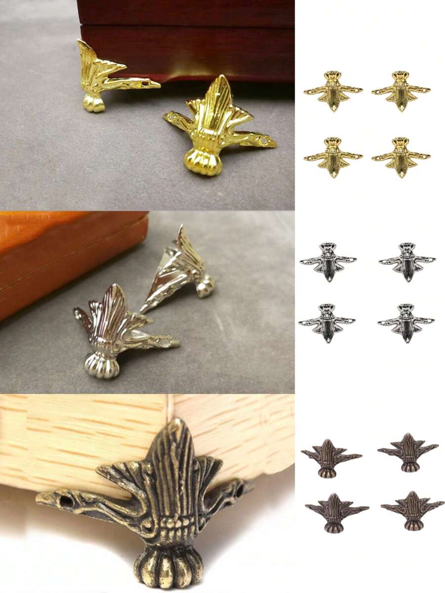 4 件装角支架家具古董复古青铜角包裹虎脚珠宝盒木盒装饰保护脚腿