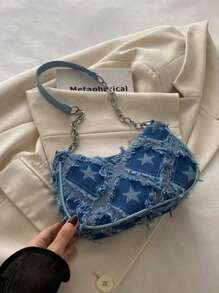 Women's Underarm Bag With Fringes, Fashionable Mini Pentagon Star Patchwork Chain Shoulder Bag, Suitable For Office, Work, Business, Commuting, Outdoor, Travel, Stars Hollow Women Bag