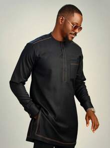 2 peças/Conjunto Homens Dashiki Africano Design com Topstitched, Calça Casual Simples de Manga Longa com Gola Redonda e Cordão, Novo Conjunto de Streetwear, Adequado para Reuniões, Encontros, Casamentos, Uso Diário, Eventos Culturais, Cerimônias Tradicionais