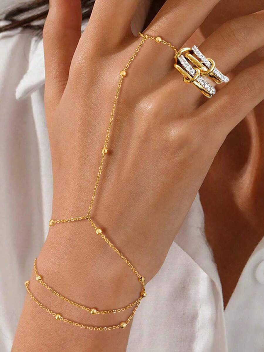 3er Set Goldene Ringe zum Stapeln mit Fingerarmband für Frauen, 14 Karat vergoldete Ringe, massive stapelbare Ringe mit kubischen Zirkoniasteinen, Goldperlen mit Fingerarmband Set, Geburtstagsgeschenk, Party Deko, modischer Schmuck Geschenkartikel