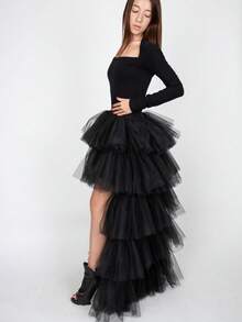 Women's High Low Tutu Skirts Sweet Elastic Waist Tulle Layered Ruffles Princess Petticoat Mesh Long Tiered Skirt For Prom Party Halloween - Multicolor - View 4