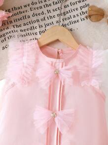 Young Girl Spring/Summer Sleeveless Splicing Mesh Buttons Decor Round Neck Versatile Dress, Cute & Elegant - Pink - View 4