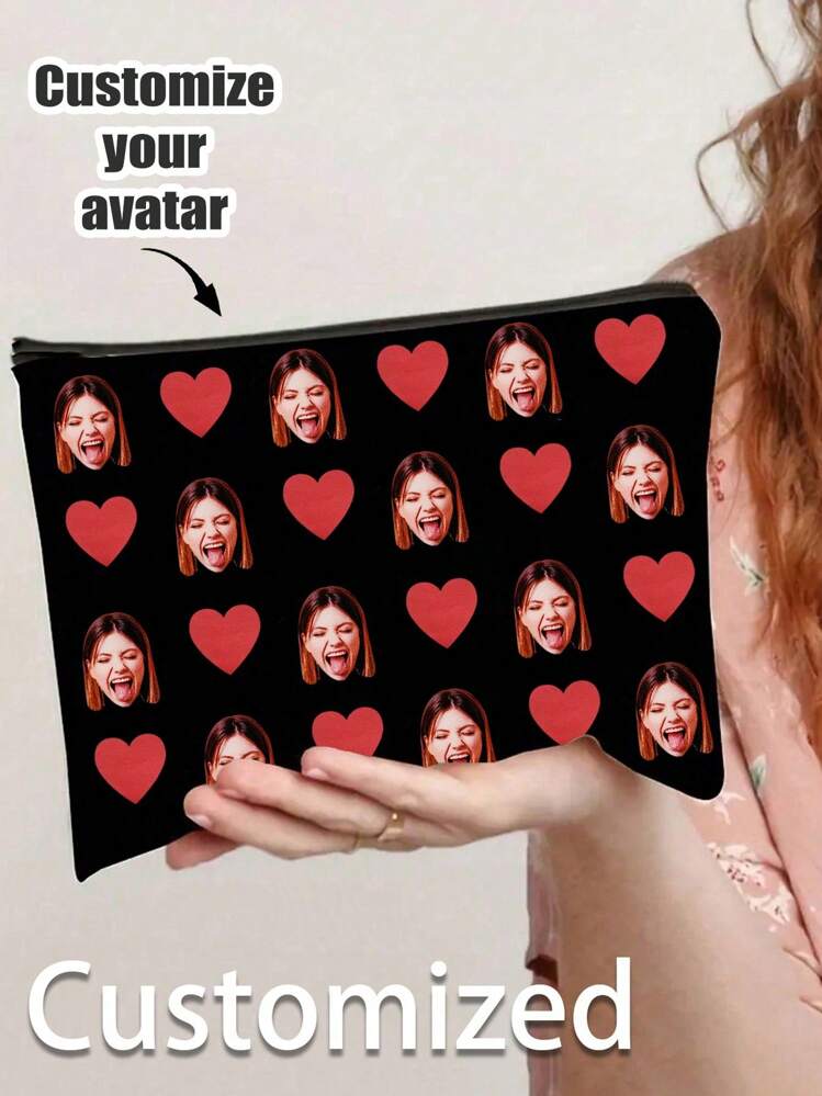 1pc Customized Face Makeup Bag, Can Customize Friend/Family/Self Photo - Personalized Photo Collage Handbag - Gift For Girlfriend/Wife, Valentine's Day, Wedding, Portable, Multi-Functional, Spacious, Lightweight, Practical, Colorful, Cute, Millennial Style, Vacation/Casual, Commute, Business Casual - Multicolor - View 2