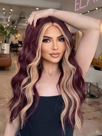 Charming Raspberry Red Wig High Gloss Yellow Wavy Soft Hair Natural Look Whitening Skin Color Ladies Synthetic Thermal Fiber Wig Suitable For Everyday Party Wig Y2K Music Festival Valentine's Day 26 Inch