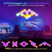 10 piezas Lámparas de pared RGB LED efecto hexagonal con sensor táctil, luz nocturna inalámbrica de control de color para dormitorio - Multicolor - Ver 4