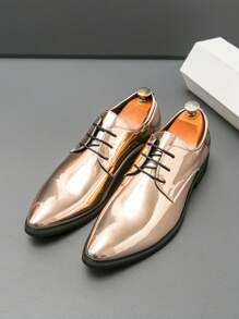 Men's Dress Formal Pointed Toe Lace-Up Patent Leather Shoes - Gold - View 1