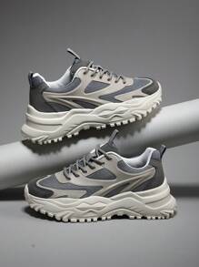 男士新款简约时尚厚底厚底休闲厚底运动鞋，透气运动跑步鞋 - 米灰 - 查看 1