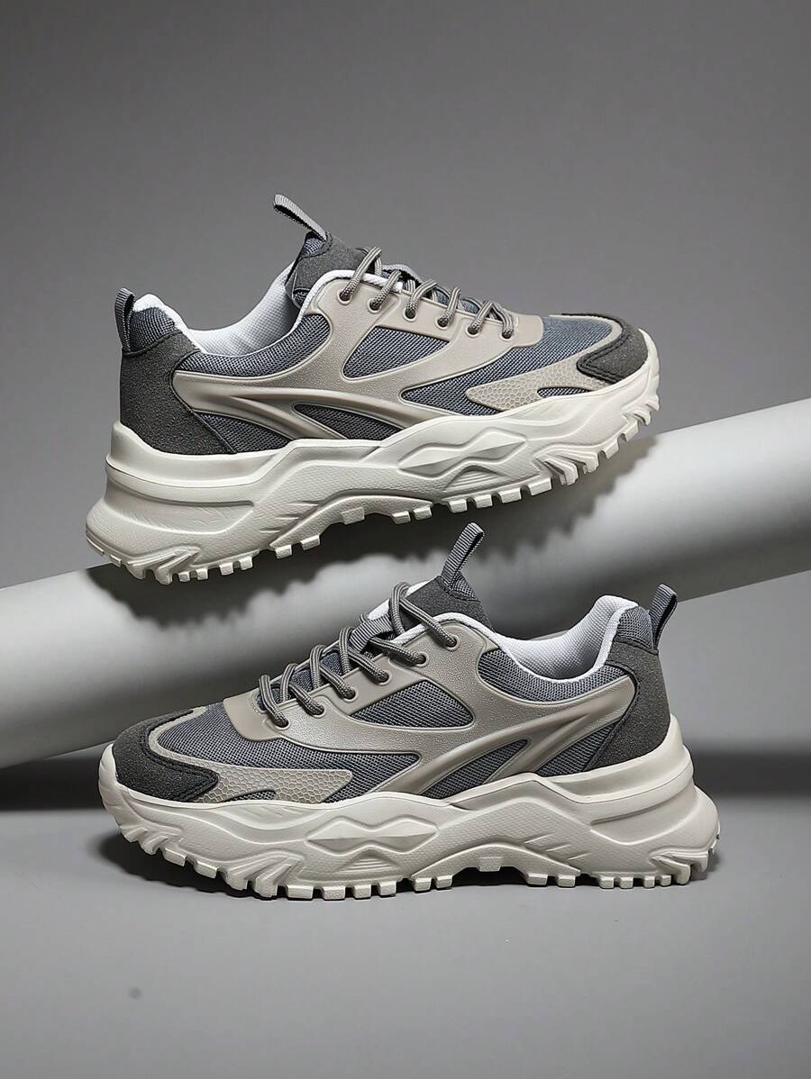 男士新款简约时尚厚底厚底休闲厚底运动鞋，透气运动跑步鞋 - 米灰 - 查看 1