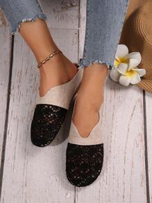 女士夏季蕾丝镂空平底鞋，舒适亚麻休闲露背穆勒凉鞋 - 黑色 - 查看 4