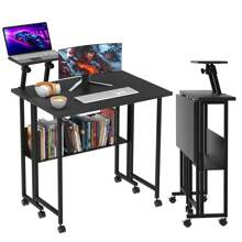 Ergonomic Foldable Mobile Desk With Adjustable Stand, Storage Shelves And Wheels-Portable Space Saving Design For Office, Home Or Study-White, Black, Natural Wood Options, Office Desk Accessories
