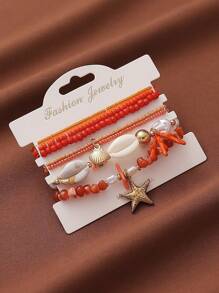 Set de 6 piezas Pulseras elásticas con conchas y estrellas de mar, estilo de vacaciones de playa rosa, adecuadas para uso diario y vacaciones de mujeres