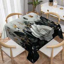 1 pieza Elegante mantel blanco con rosas, diseño contrastante de hojas negras con lunares y flores blancas, resistente a las manchas y lavable de poliéster rectangular para decorar la mesa del hogar, la cocina, el comedor, fiestas y picnics - Blanco y Negro - Ver 15