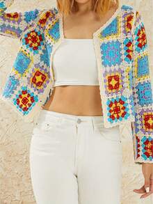 Suéteres tipo cárdigan de rayas cuadradas para mujer, de manga larga, con botones, de punto grueso, de gran tamaño, para otoño e invierno. - Azul - Ver 6