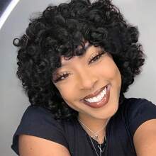 Short Bob Afro Loose Curl Wig With Bangs Human Hair Loose Curly Wave Pixie Cut Wig Bouncy Curls 150% Density Bouncy Curly Egg Wave Spring Curly Put On And Go Wigs For Women None Lace Egg Curl Glueless Wig With Bangs - Black - View 5
