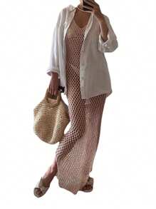 Women Fishnet Knitted Beach Cover Ups Crochet Cutout Backless Dress For Bikini Swimsuit Bathing Suit Summer - White - View 6